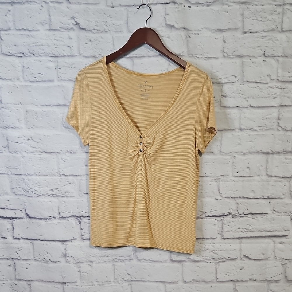 American Eagle Outfitters Yellow Striped Short Sleeve Top Soft And Sexy